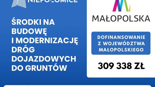 Ponad 309 tys. zł dla gminy Niepołomice na drogi dojazdowe