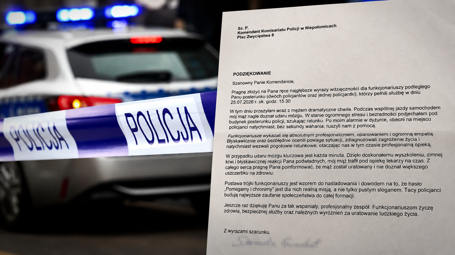 Nagle dostał udaru. Policjanci z Niepołomic ruszyli z pomocą. Żona podziękowała im w poruszającym liście