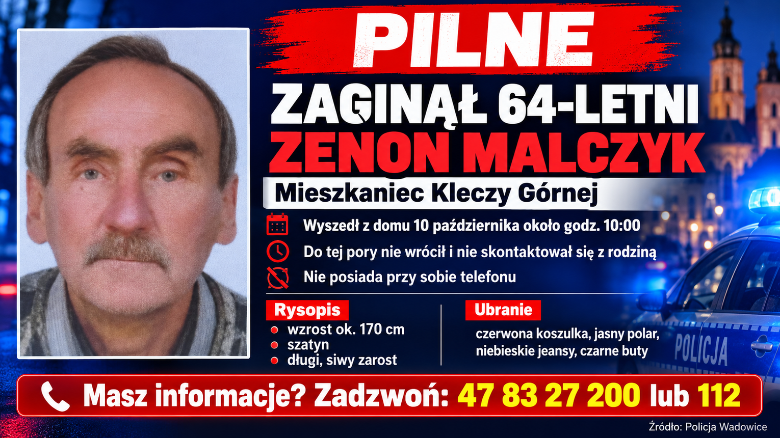 PILNE! Zaginął 64-letni mieszkaniec Kleczy Górnej. Wyszedł z domu i ślad po nim zaginął. Policja apeluje o pomoc!
