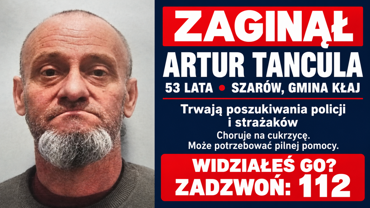 Zaginął 53-letni Artur Tancula z Szarowa. Policjanci i strażacy prowadzą poszukiwania