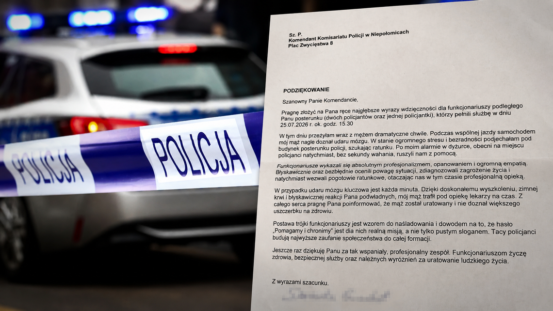 Nagle dostał udaru. Policjanci z Niepołomic ruszyli z pomocą. Żona podziękowała im w poruszającym liście Nagle dostał udaru. Policjanci z Niepołomic ruszyli z pomocą. Żona podziękowała im w poruszającym liście