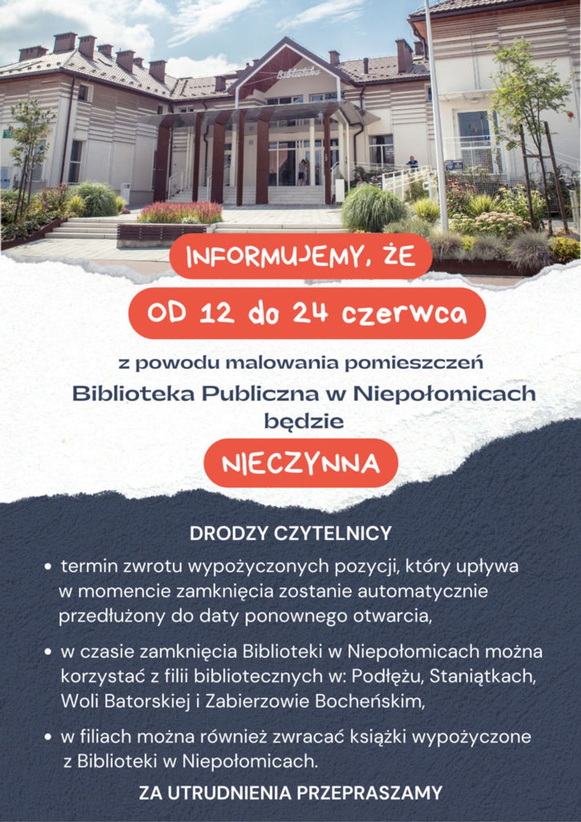 Niepołomice. Biblioteka w czerwcu zamknięta