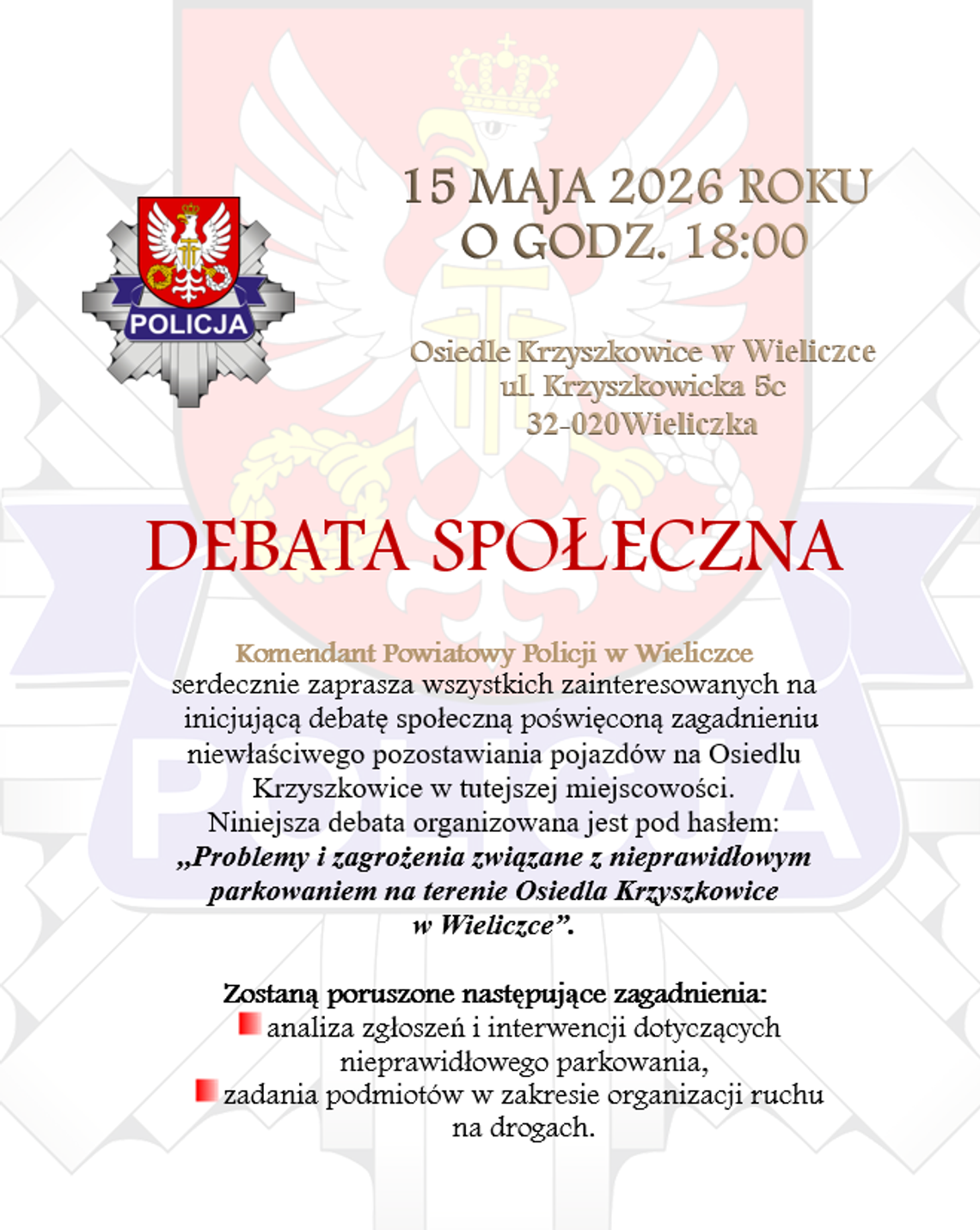 Debata społeczna w Wieliczce. Mieszkańcy porozmawiają z policją o problemie nieprawidłowego parkowania